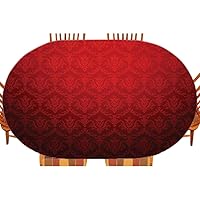 Dark Red Oval Elastic Fitted Tablecloth, Antique Floral Pattern with Gradient Effect, for Kitchen Dinning Tabletop Decoration Outdoor Picnic, Fits 48