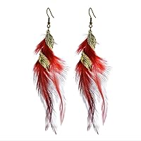 Long Boho Pheasant Feather Statement Earrings for Women Girls Gold Plated Twisted Leaf Handmade Natural Lightweight Feathers Fringe Dangle Drop Earring Vintage Bohemian Holiday Festival Party Jewelry Gifts