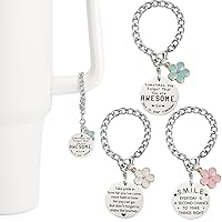 3Pcs Flower Chain Charms for Stanley Cup, Bottle Accessories for Tumbler Handle, Inspirational Words Tag with Pink, Blue, White Flower Charms, Customized Gifts for Girls, Family, Friends