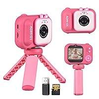 1080P Kids Digital Camera Mini Video Camera for Kids 48MP 2.4 Inch IPS Screen Dual Lens Built-in Battery with 32GB Memory Card & Card Reader & Desktop Tripod Birthday for Boys Girls