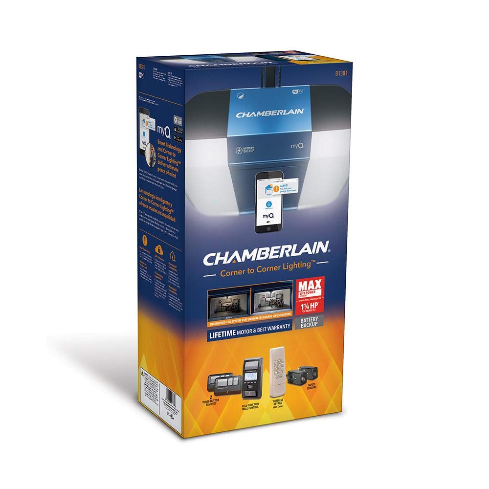Chamberlain B1381T Smart Garage Door Opener- Battery Backup - Bright LED Lighting - myQ Smartphone Controlled - Ultra Quiet, Strong Belt Drive and MAX Lifting Power,1.25 HP, Wireless Keypad Incl, Blue