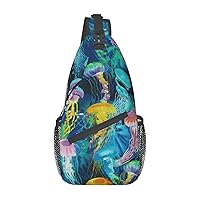 Sling Backpack,Travel Hiking Daypack Colored Jellyfish Print Rope Crossbody Shoulder Bag
