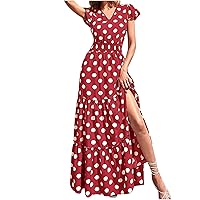Women Summer Polka Dots Layered Ruffle A-Line Dress Cap Sleeve V-Neck Smocked High Waist Split Side Flowy Maxi Dress