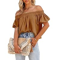 Dokotoo Women's Off The Shoulder Tops Shirred Neck Ruffle Sleeve Flowy Cotton Blouses Shirts