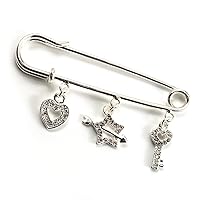 Crystal Key, Star And Heart Charm Safety Pin Brooch (Silver Tone)