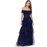 Betsy & Adam Over-The-Shoulder Tiered Mesh Gown
