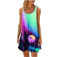 Funny Galaxy Planet Print Sundress Women Sleeveless Boat Neck Summer Tunic Dresses Casual Cami Mini Beach Dress