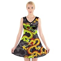 CowCow Womens V-Neck Dress Vintage Dragon Black Chinese Digital Print Ruched Bodycon Dress, XS-5XL
