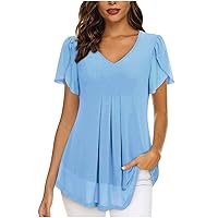 Womens Tunic Tops V Neck Petal Sleeve Hide Belly Shirts Summer Casual Loose Comfy Lightweight Dressy Blouses for Leggings