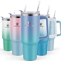 40 oz Tumbler with Handle and Straw Lid, 100% Leak-proof Travel Coffee Mug, Stainless Steel Insulated Cup for Hot and Cold Beverages, Keeps Cold for 34Hrs or Hot for 10Hrs, Dishwasher Safe (LakeBlue)