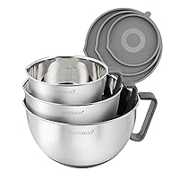 Rorence Mixing Bowls Set: Stainless Steel Non-Slip Bowls with Pour Spout, Handle and Lid - Set of 3 - Gray