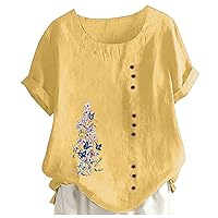 Womens Summer Tops Casual Cotton Linen T-Shirts Short Sleeve Round Neck Shirt Oversized Floral Printed Tees Shirts