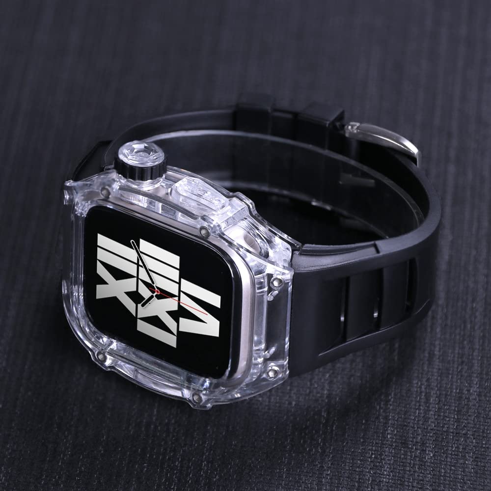 CNHKAU Transparent Bezel Metal Case for Apple Watch 44MM 45MM Fluorine Rubber Strap for Iwatch Series 8 7 6 54 Se Urban Sports Mod Kits (Color : Black, Size : 45mm for 8/7)
