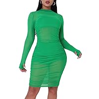 Women 3 Piece Outfits Sexy Crop Top Short Set Mesh See-Through Ruched Bodycon Midi Dress Clubwear