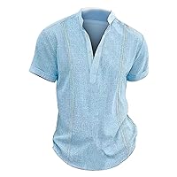 Men's Henley Short Sleeve Shirt Beach Cotton Linen Summer Casual V Neck Hippie T Shirts Solid Breathable Tunic Tops