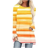 Women Long Sleeve Tunic Tops for Leggings Trendy Striped Printed Crewneck Casual Dressy Blouse Flowy T-Shirt
