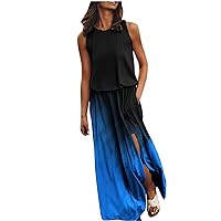 Women Sleeveless Tie Dye Ruched Long Dress Crew Neck Cocktail Party Dresses Sexy Side Split Maxi Dress Casual Summer Dress