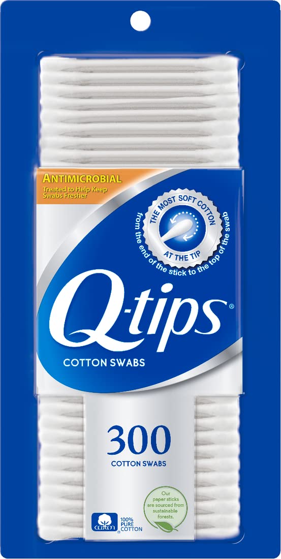Q-tips Antimicrobial Swabs for Cleaning are Made with 100 Percent Cotton, 300 Count, Pack of 12