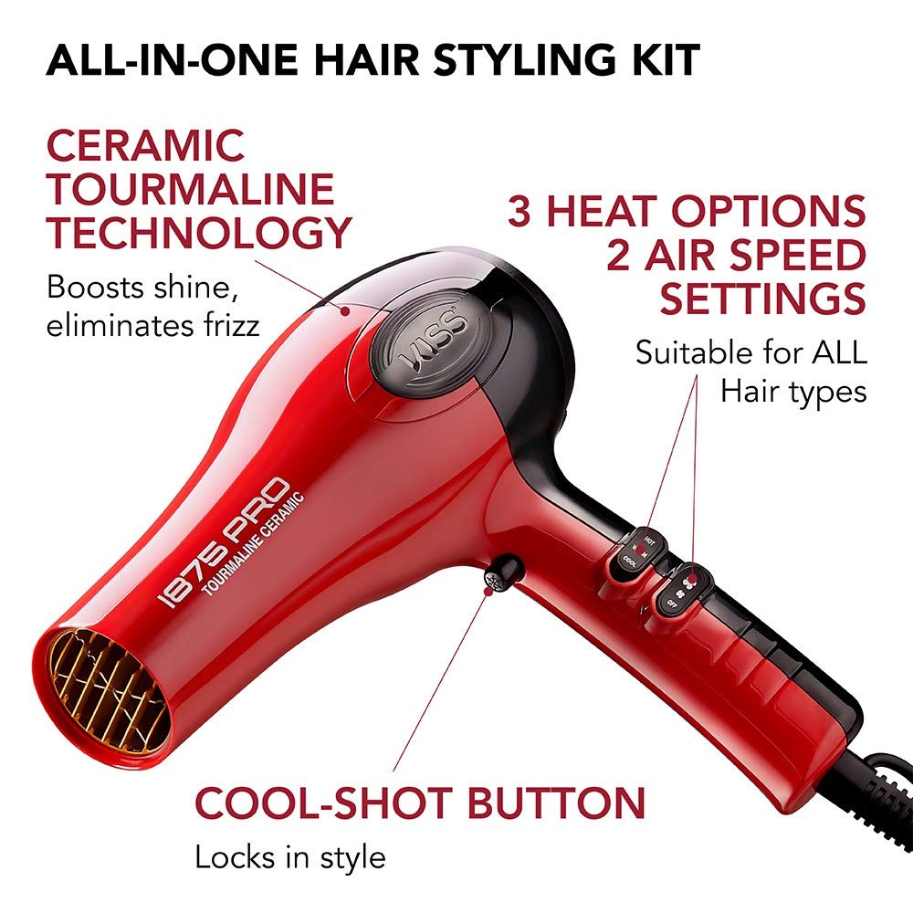 KISS 1875 Watt Pro Tourmaline Ceramic Hair Dryer, 3 Heat Settings, 2 Speed Slide Switch, Cool Shot Button, 2 Detangler Combs, 1 Concentrator, 1 Diffuser, Removable Filter Cap & 4 Sectioning Clips