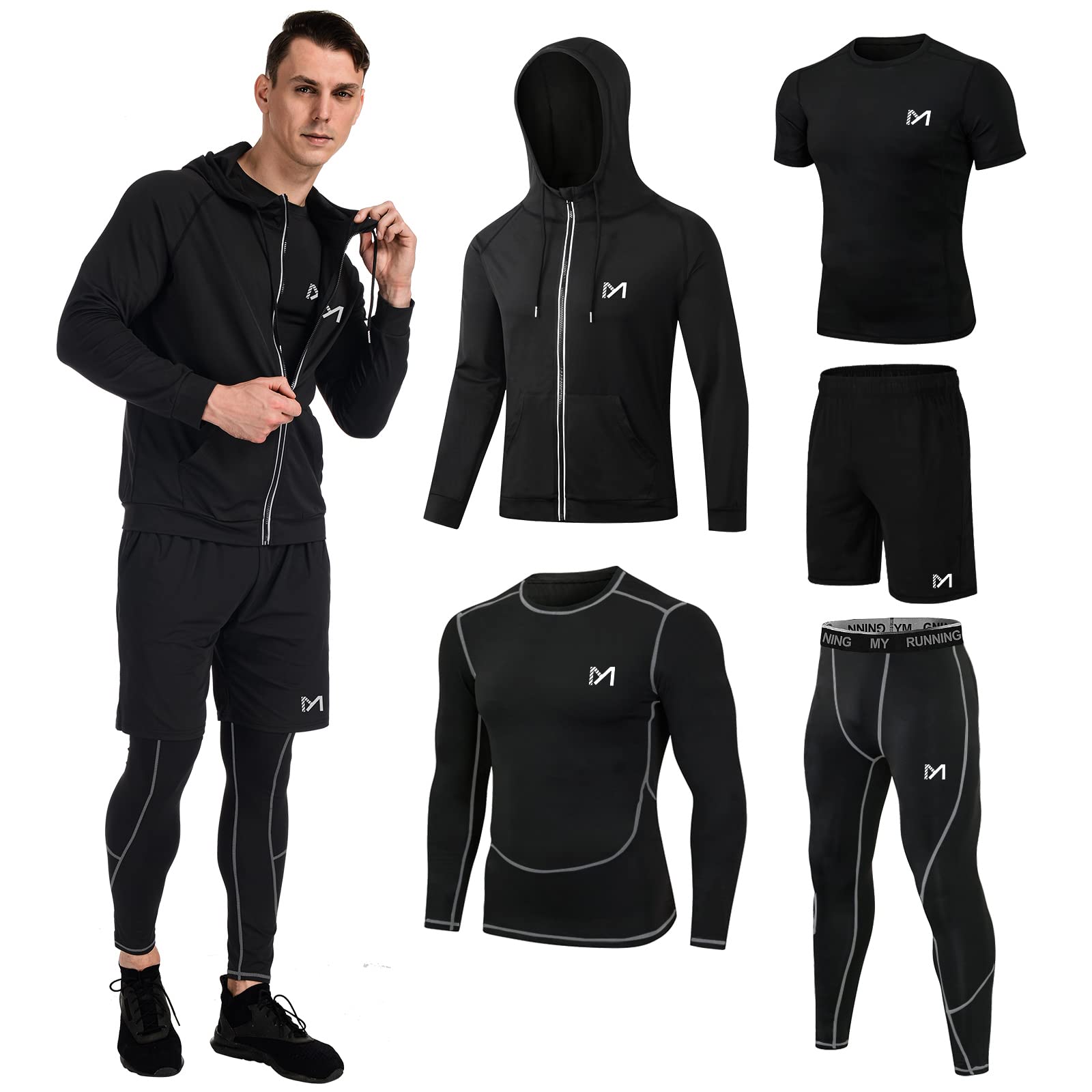 MEETYOO mens 5pcs Men's Compression Sets Pants Long Sleeve Shirt Athletic Shorts Running Jacket