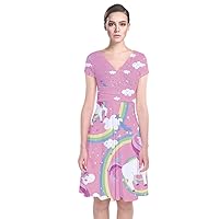 PattyCandy Womens Knee Length Short Sleeve Jersey/Unicorns Floral Prints Front Wrap Dress