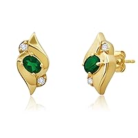 14k Yellow or White Gold Oval Gemstone Stud Earrings for Women with Genuine Diamond Accent Shell and Push Backs with Birthstones by MAX + STONE