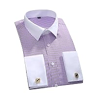 Mens French Cuff Dress Shirt Long Sleeve Solid Striped Style Formal Shirts Cufflink Include Plus Size