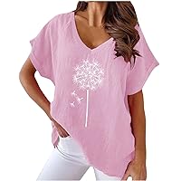 Women's Classic-Fit Short-Sleeve V-Neck T-Shirt, Summer Casual Linen Blouses, Formal Work Office Tops, Plus Size