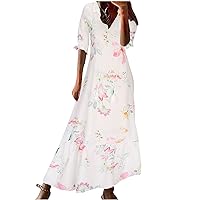 Spring Dresses for Women 2024 Summer Boho Floral Print Short Sleeve Dresses Casual Loose V Neck Flowy Long Maxi Dress