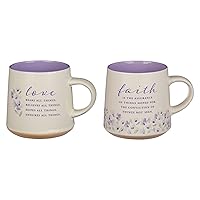 Christian Art Gifts Novelty Floral Ceramic Coffee & Tea Mug Set for Women: Faith & Love w/Encouraging Scripture, Microwave/Dishwasher Safe w/Clay Base - Set of 2 Large 14 oz. Cups, Lilac Purple/White
