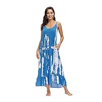 wexcen Women's V-Neck Floral Print Spaghetti Strap Boho Beach Long Maxi Summer Casual Dress with Pockets