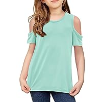 Girls Short Sleeve Shirts Cute Crew Neck Cold Shoulder Tee Top 5-14 Years