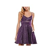 Womens Purple Metallic Zippered Lined Cut Out Spaghetti Strap Scoop Neck Short Party Fit + Flare Dress Juniors 1