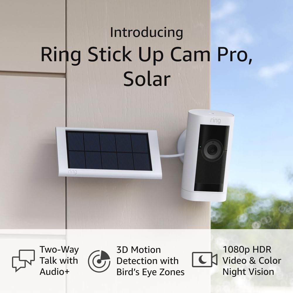 Introducing Ring Stick Up Cam Pro, Solar | Two-Way Talk with Audio+, 3D Motion Detection with Bird’s Eye Zones, 1080p HDR Video & Color Night Vision (2023 release), White