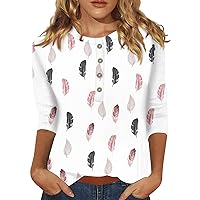 Three Quarter Length Sleeve Women Tops Casual Summer Button Down V Neck Printed Shirts 2024 Trendy Tees T-Shirt