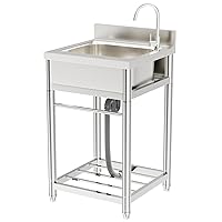 ROOMTEC 304 Stainless Steel Single Bowl Utility Sink Set, Commercial Restaurant Kitchen Sink, Outdoor Sink with Workbench & Storage Shelve with Hot and Cold Water Pipes (22 in)