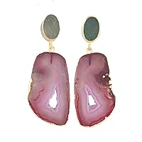 Guntaas Gems Gemstone Green Strawberry Quartz With Pink Geode Agate Slice Brass Gold Plated Trendy Drop Stud Earring Gift