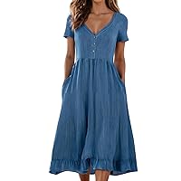 Spring/Summer Solid Color Short Sleeved Cotton Dress Linen Waist Casual Dress Loose Comfy Pockets Dresses for Women
