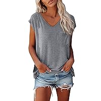 Summer Tops for Women 2024, Cap Sleeve Sexy V Neck Tank Tops Print Casual Shirts Loose Fit Basic Blouse with Pocket