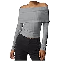 Women Off The Shoulder Sweater Tops Fold Over Long Sleeve Crop Tops Ribbed Knit Tube Tops Y2K Going Out Tops 2024 Fashion