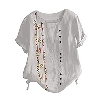 Summer Women Cotton Linen Tshirt Tops Trendy Short Sleeve Casual Flower Tunic Tees Comfy Soft Square Neck Blouses