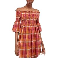 Woman Summer New Smocked Checked Dress Red