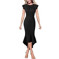 VFSHOW Womens Ruffle Sleeve Pleated Crew Neck Cocktail Party High Low Mermaid Midi Dress