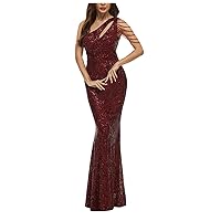 Women's Cut Out One Shoulder Tassel Sequin Split Thigh Evening Maxi Dress Sexy Bodycon Sleeveless Mermaid Prom Gown