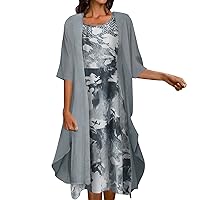 Maxi Dress for Women Women Casual Print Dress Round Neck Sleeve Dress Half Sleeve Chiffon Shawl Cardigan Two Set