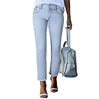 Sidefeel Women's High Waisted Jeans Strechy Raw Hem Straight Leg Denim Pants with Pockets