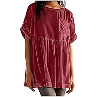 Womens Oversized Velvet Babydoll Tops Summer Short Sleeve Crewneck Tunic Shirts Cute Casual Loose Fit Solid Blouse
