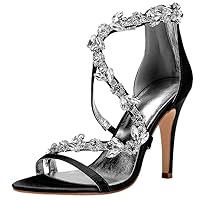 Womens Corss Strappy Heels Open Toe Bride Party Job Dress Shoes High Heels Satin Zip Rhinestone Wedding Sandals Black US 9.5