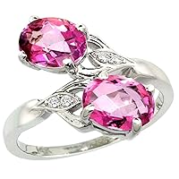 14k White Gold Diamond Natural Pink Topaz 2-stone Ring Oval 8x6mm, sizes 5 - 10