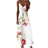 Womens Maxi Dresses Summer Floral Printed Boho Dress Spaghetti Strap Sundress Sexy V Neck Beach Dress Fashion Cami Long Dress